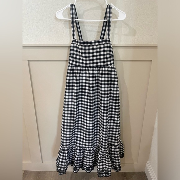 J. Crew Black and White Ruffled Gingham Criss Cross Midi Dress Size 10 - Picture 4 of 17